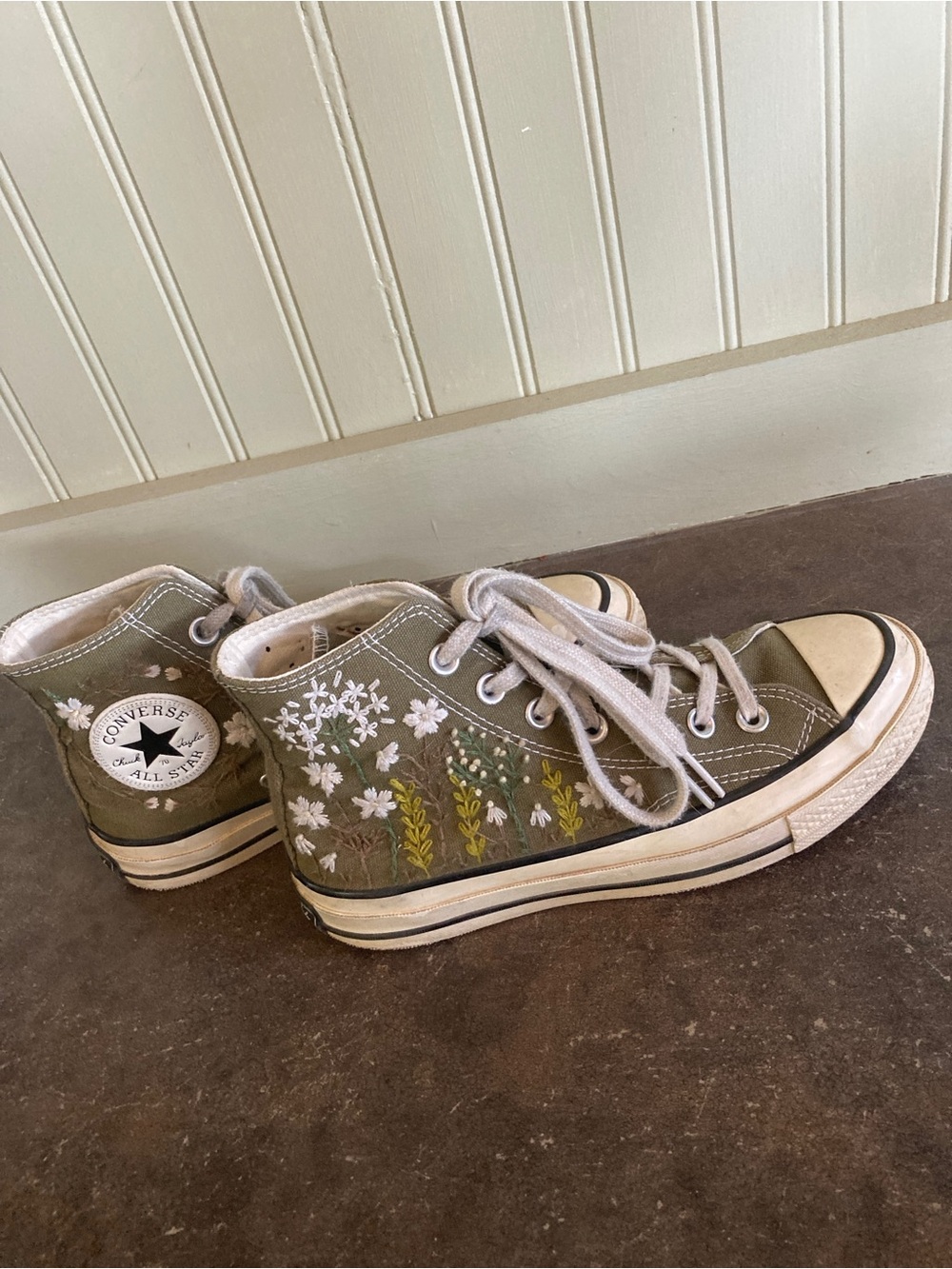 Converse Olive Green Floral Embroidered High-Top Sneakers - Picture 2 of 7